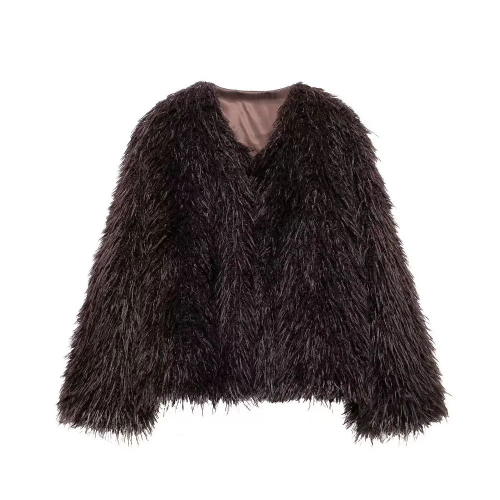 Women's high-end faux fur fur short jacket with faux fur effect long sleeved V-neck autumn and winter new warm and loose jacket