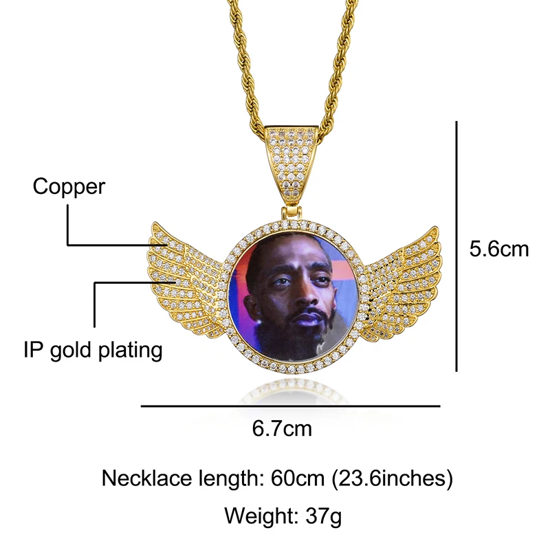 D & Z-Hip Pop Wing Custom Photo Pendant Necklace para Mulheres e Homens, Fashion Jewelry, Holds Pictures, Memory DIY Picture Gift