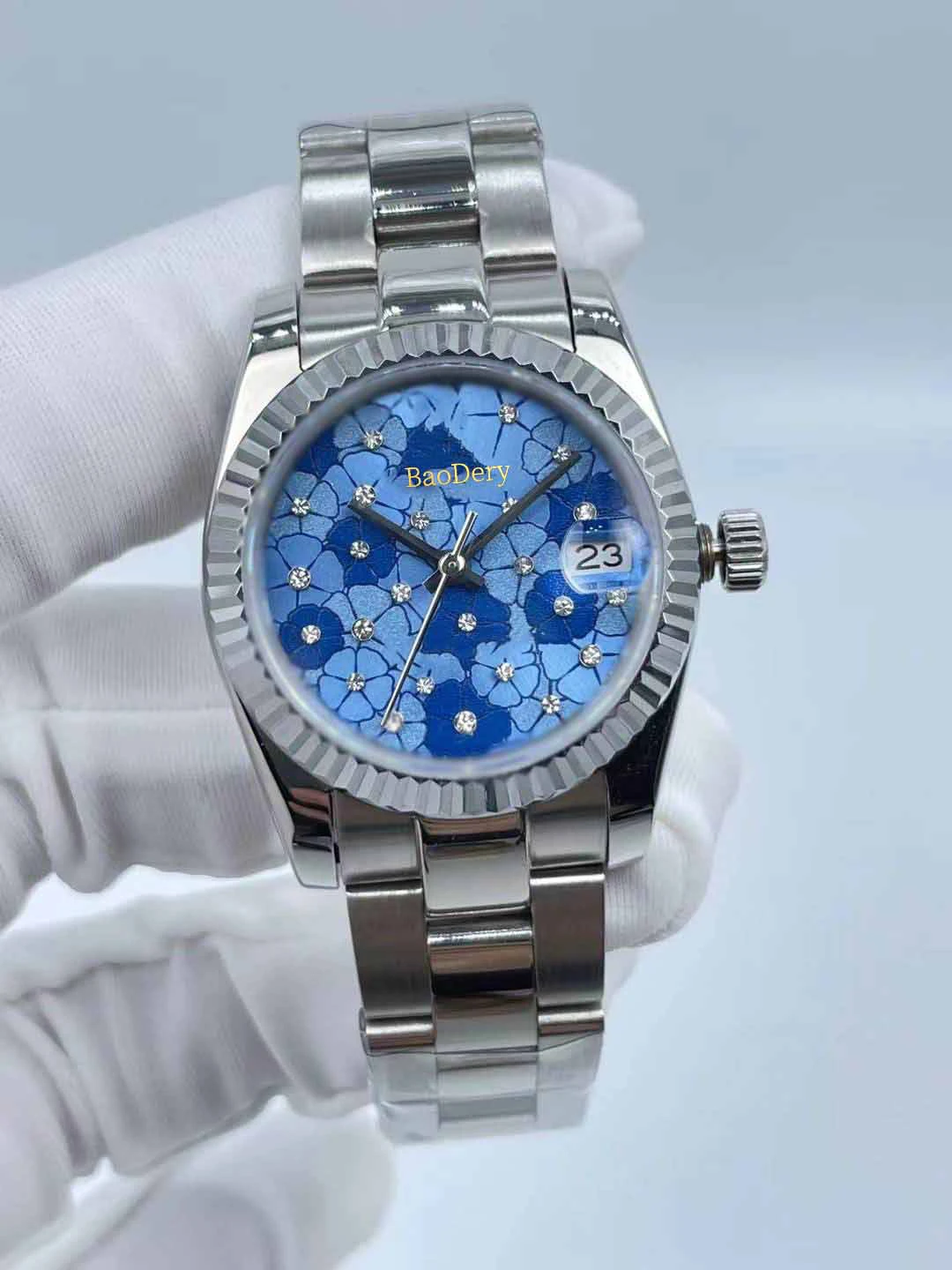 Custom Logo31mmElegant ladies' automatic diamond watch, serrated watch with mechanical movement and calendar window, ladies'gift