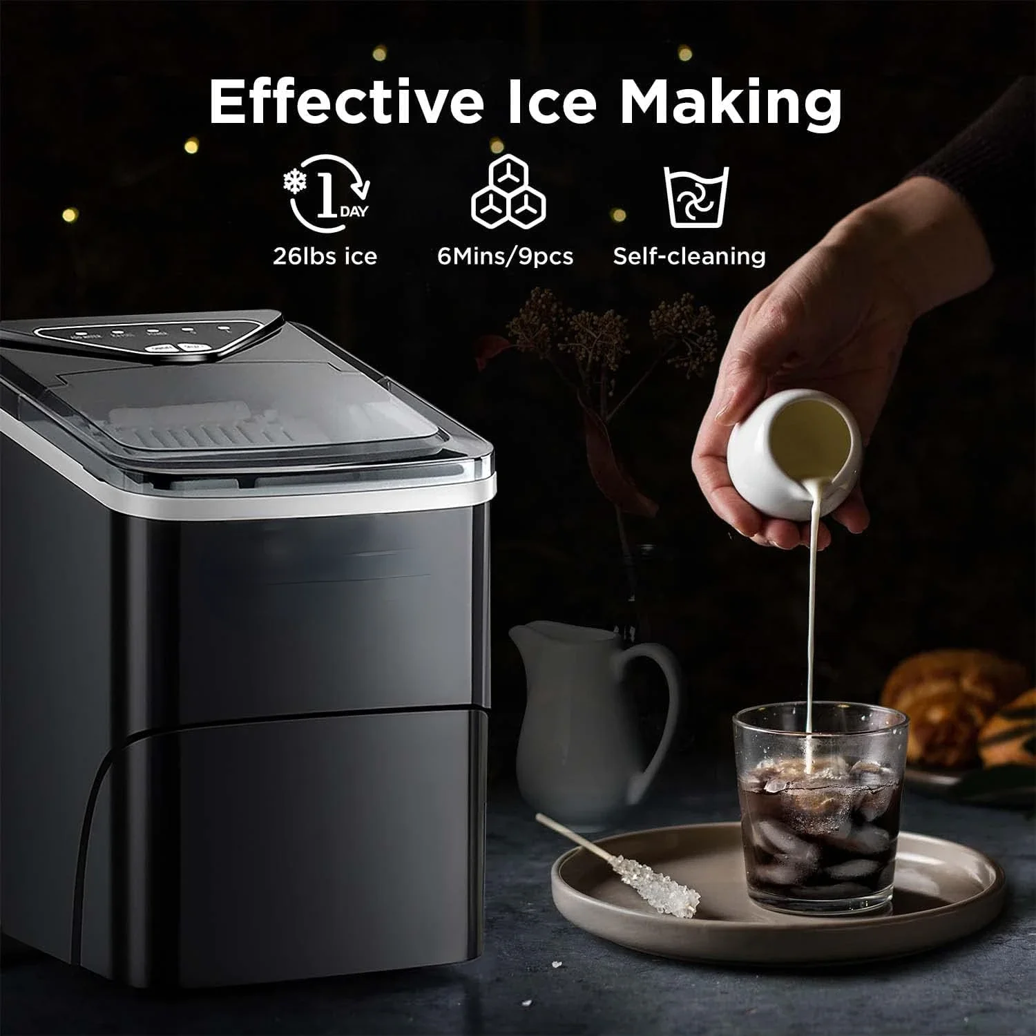 Bancada Ice Maker com Ice Scoop e Cesta, Máquina Auto-Limpeza, 2 Tamanhos, Pronto em 6 Mins, 26lbs em 24Hrs, 9 Cubos