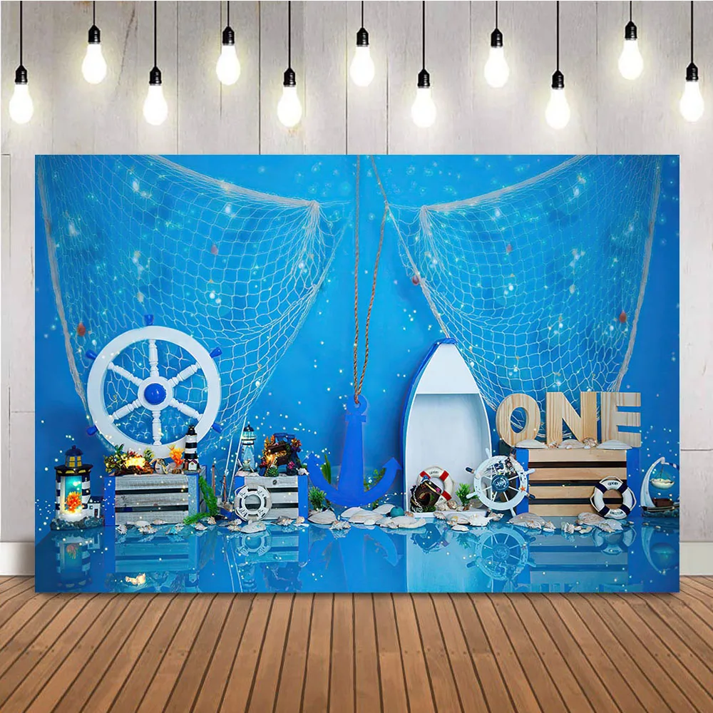 Sailor Cake Smash Backdrop for Photography Little Seaman 1st Birthday Photo Booth Background Anchor Fishing Net 1st Decoration