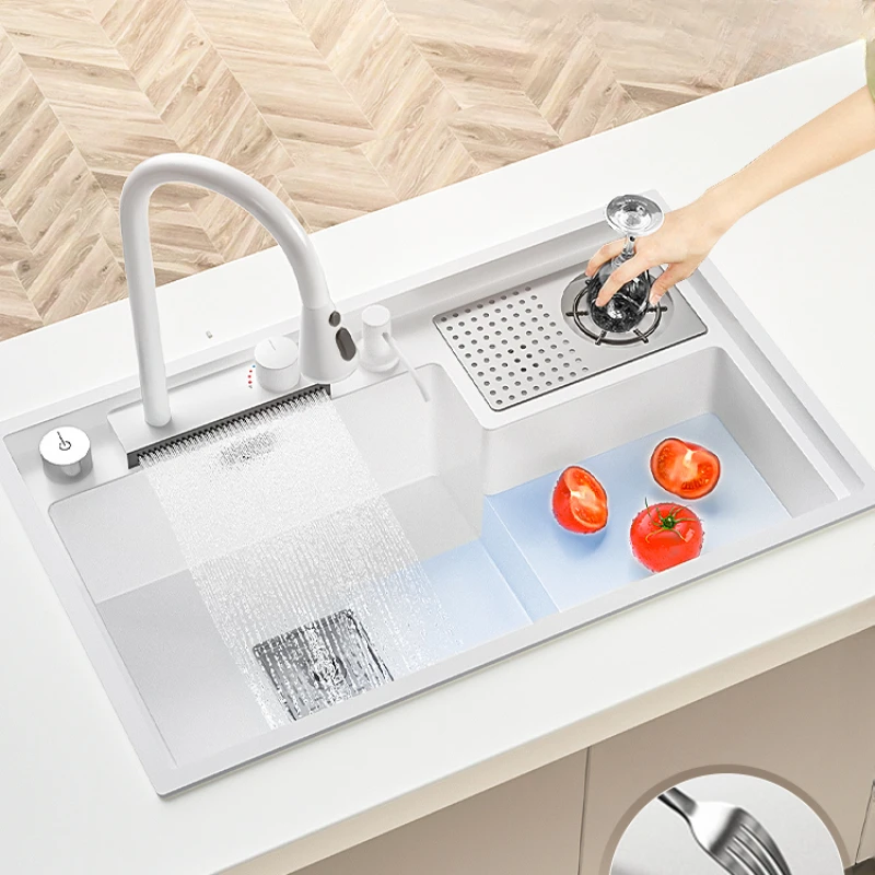 Quartz stone cup washer kitchen stepped large single-slot granite sink sink white