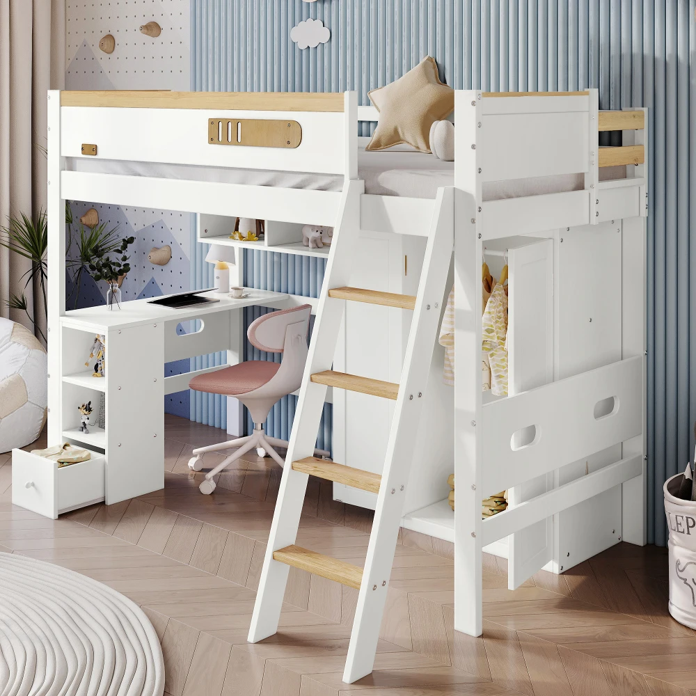 PINGGO Etagenbett für Kinder mit Fallschirmschutzgeländer, Schreibtisch, Kleiderschrank, Stauraum, 4-Stufen-Leiter, Kiefer, MDF, Sperrholz, Weiß, 90x200cm, ohne Matratze – Detail 5