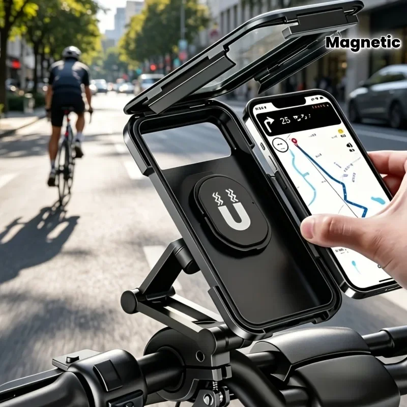 Magnetic Telescopic Motorcycle Phone Holder, Stable on Bumpy Roads, Rainproof, Fits All Smartphones, for Bike Scooter E-Bike