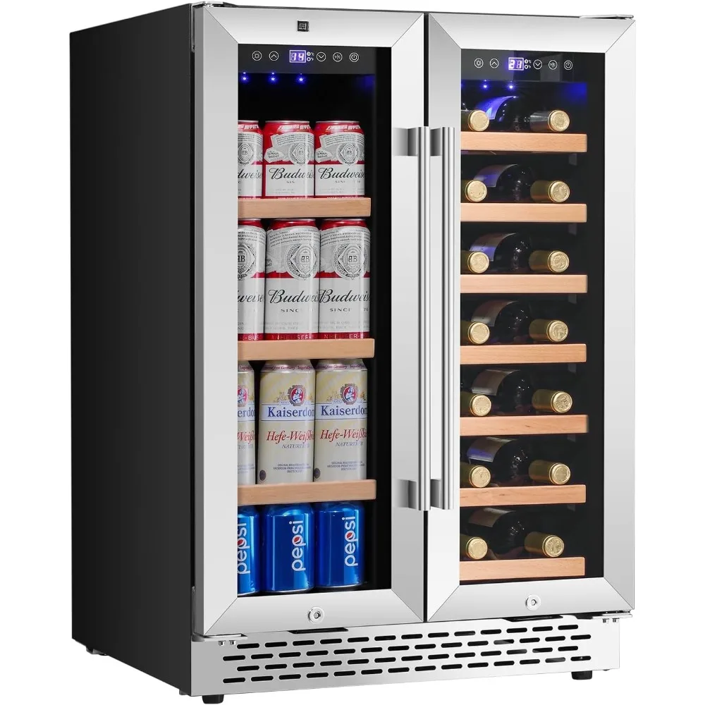 

24 Inch Wine Bar Cabinet, with Stainless Steel Glass Door&Lock, Freestanding Mini Fridge,Dual Zone Wine Cooler Beverage Fridge