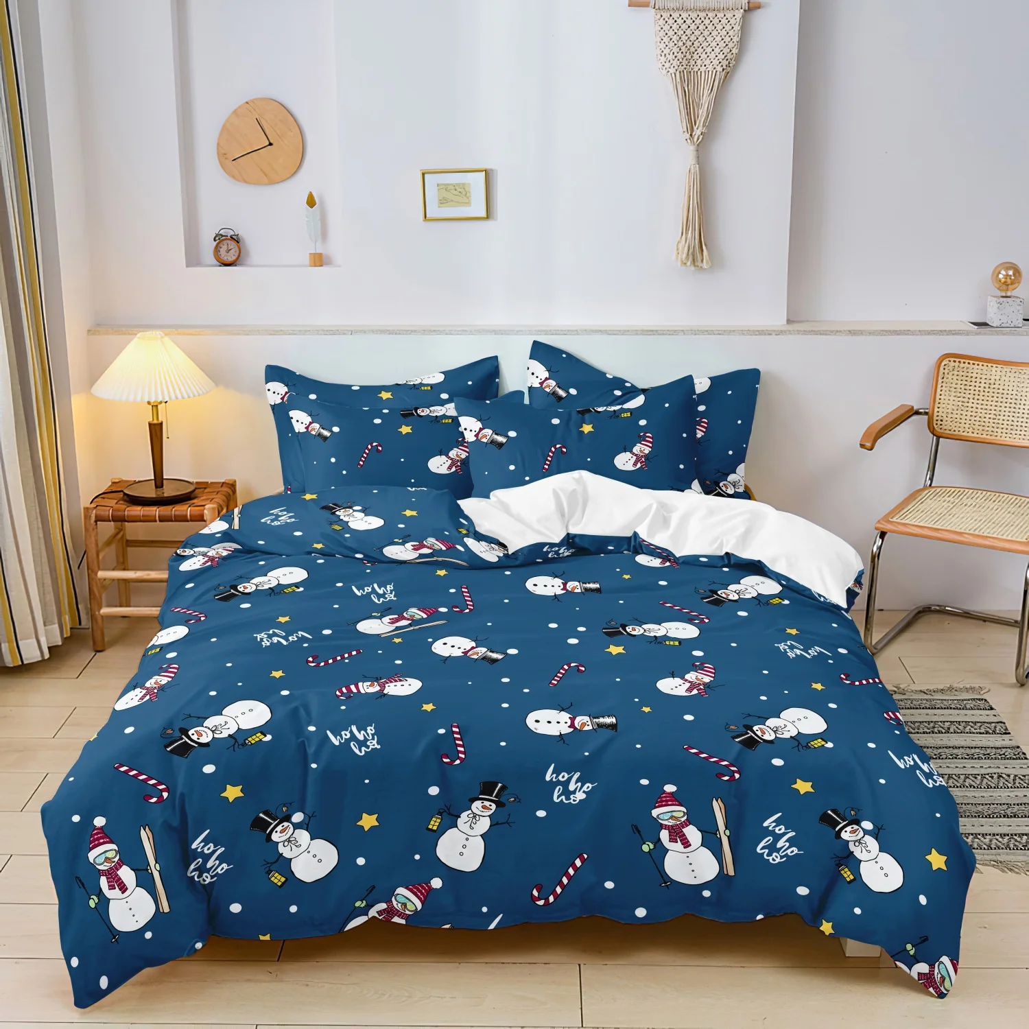  3Pcs Blue Ski Snowman Christmas Print Duvet Cover Set, Snowman Candy Cane Winter Print Bedding, Multiple Sizes Available