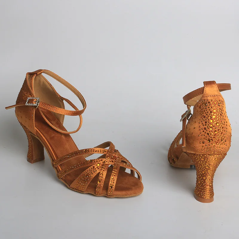

Customized Women Performance Party Bronze Crystal Heels Salsa Bachata Latin Dance Shoes Chunky Heel 7CM