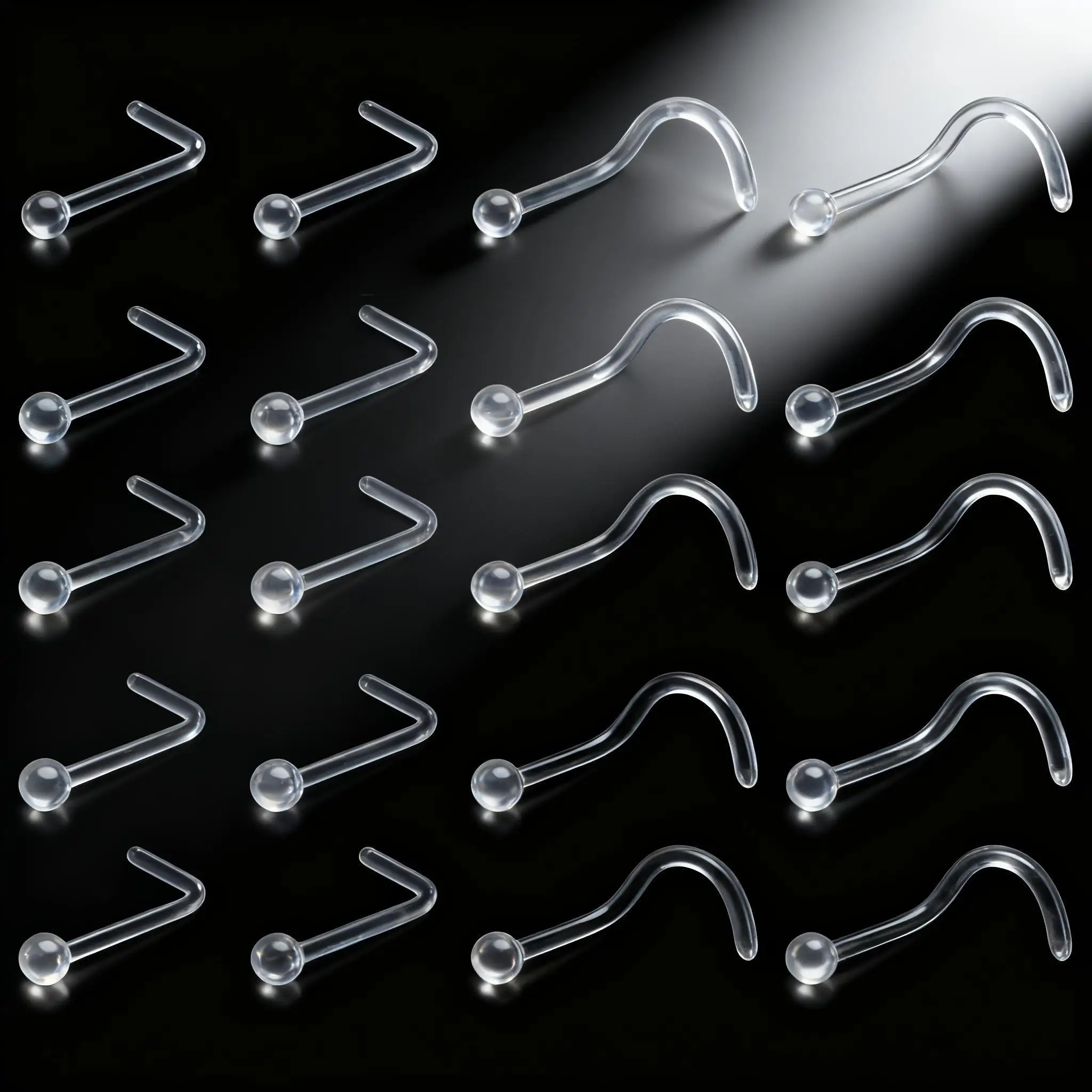 20pcs 18G 20G Clear Plastic Nose Studs L-Shaped & S-Shaped Nose Rings Ball Top Nose Piercing Jewelry Flexible Bone Retainer