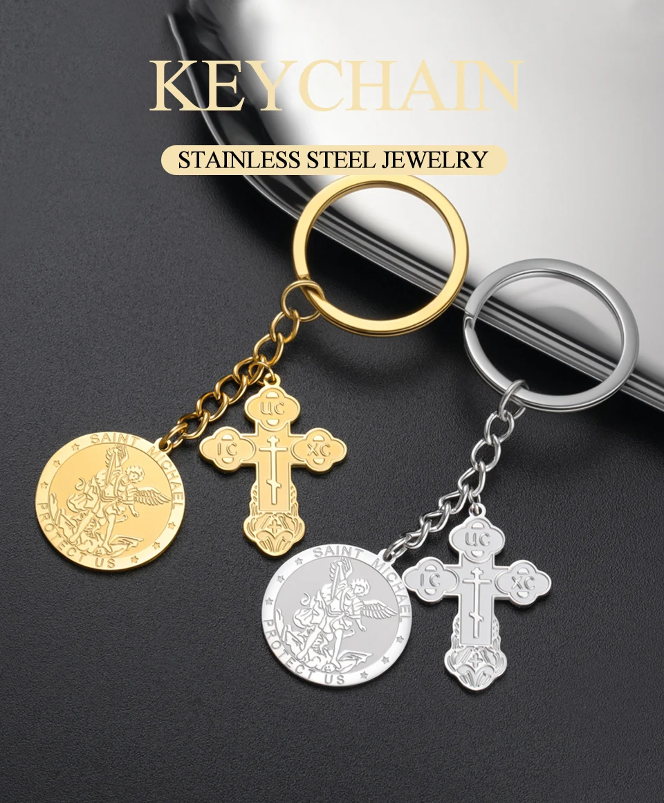 Dawapara Orthodoxes Kreuz und Heiliger Michael Anhänger Schlüsselanhänger Religiöses Gebet Erzengel Christlicher Talisman Edelstahl Schlüsselring – Detail 1