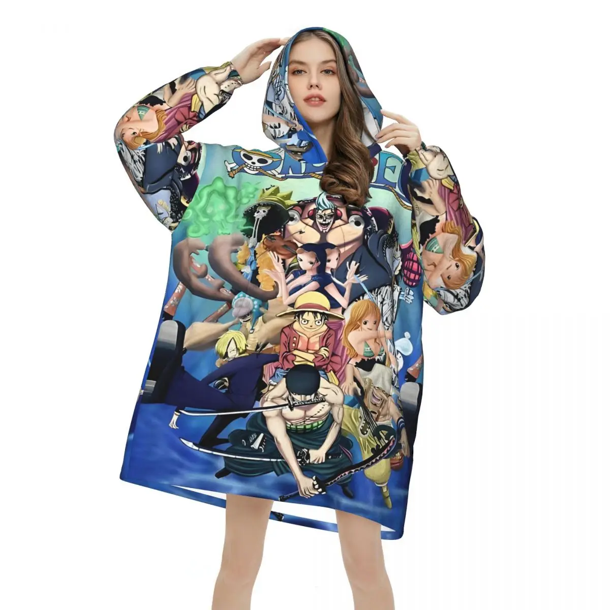 Koc z kapturem One Piece Anime Manga Luffy dla kobiet i mężczyzn, obszerny sweter-koc z kieszenią