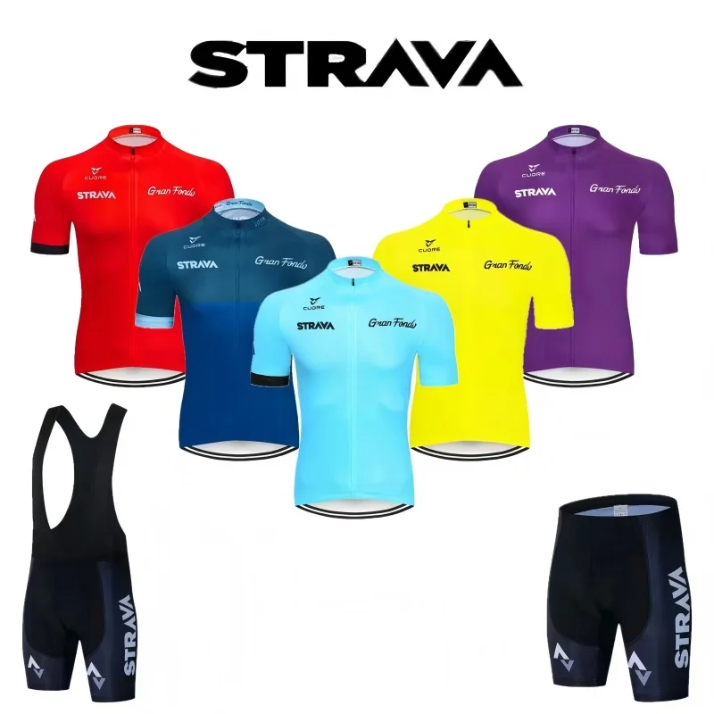 Strava Bike Jersey Set Summer Cycling T-Shirt Bib Shorts Set Triathlon Mountain Bike Clothes Quick-drying Sweat Wicking