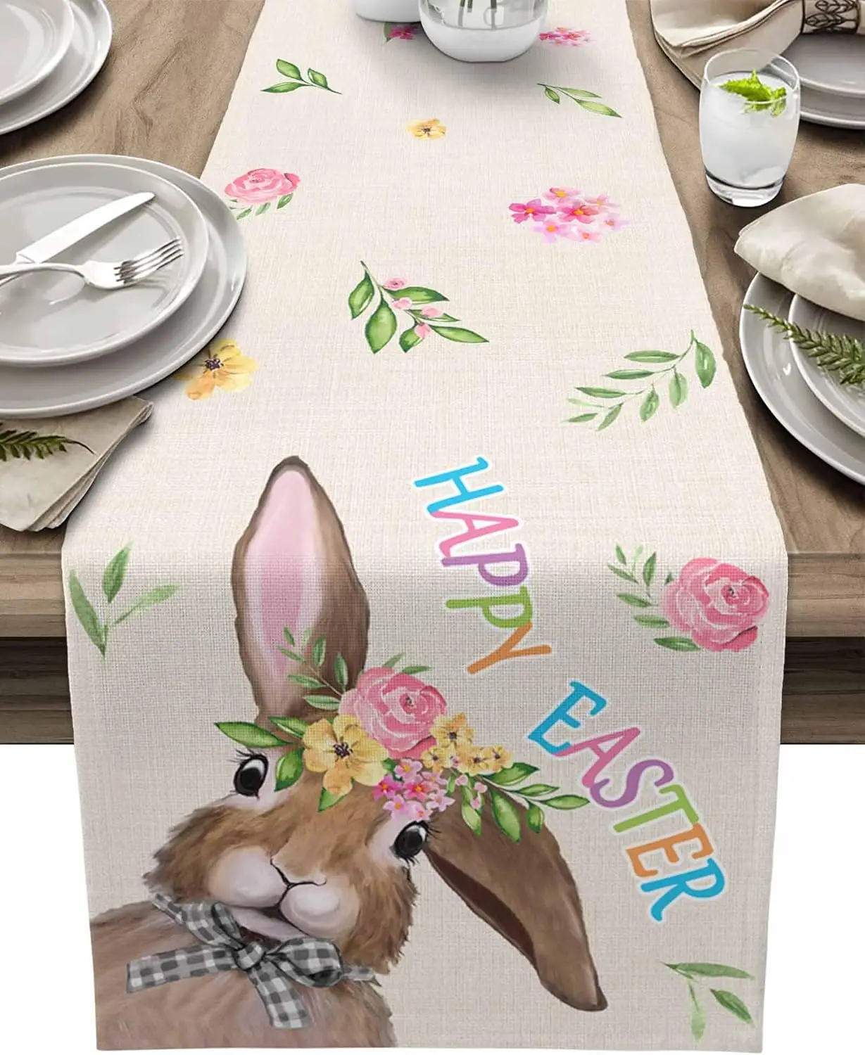 Easter Bunny Rabbit Bow Tie Linen Table Runner Party Decor Spring Farmhouse Kitchen Dining Table Runner Easter Decorations