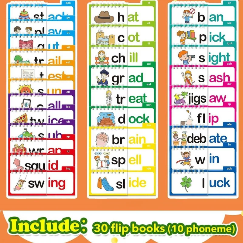 30 Read and Rhyme Flip Books Phonics Learning Set English Class Supplies Language Teaching Aids Word Spelling Calendar Flashcard