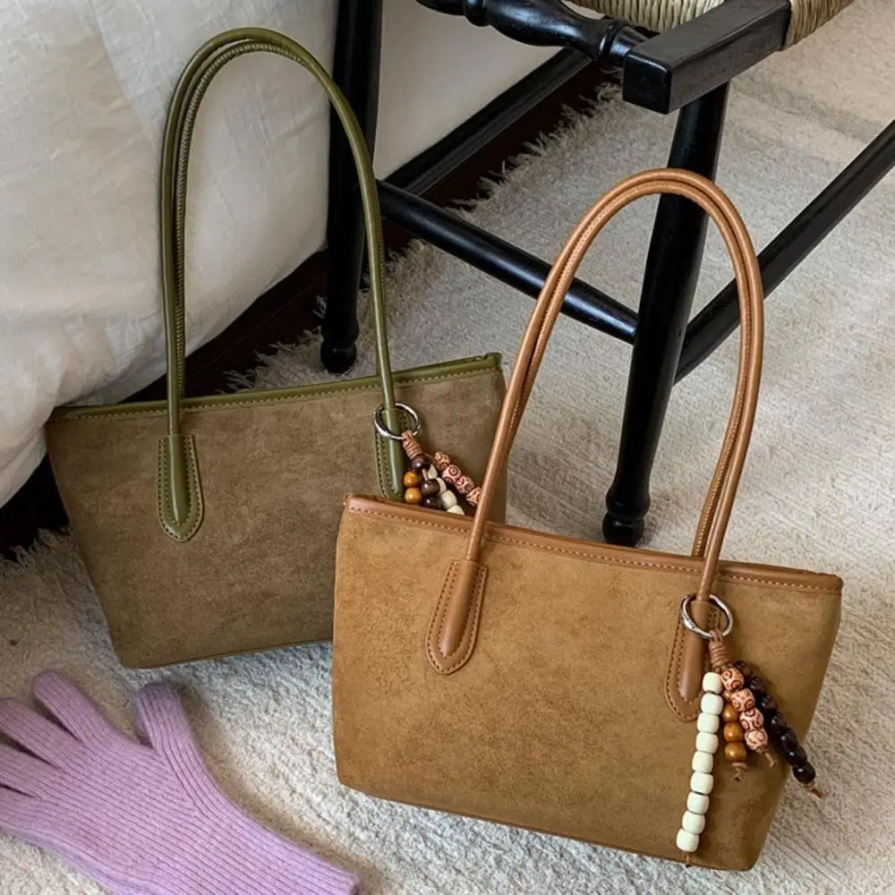 New Large Capacity Tote Bag Suede Material Wooden Bead Pendant Women Handbag Shoulder Bag