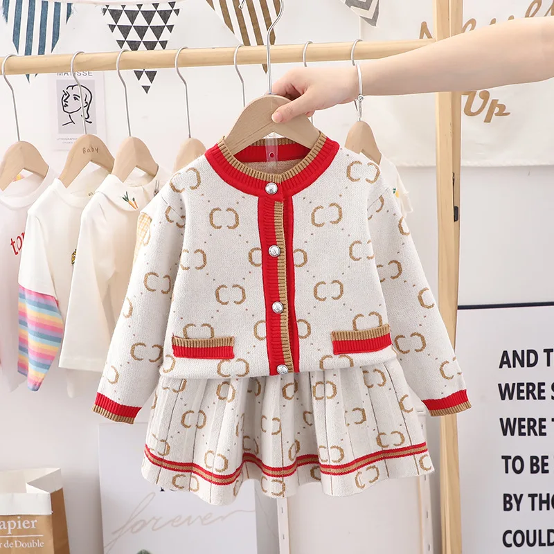 New Children\'s Sweater Set Girls Fashion Printing Cute Knitted Cardigan Skirt 2 Pieces Baby Clothes 1-7T Autumn and Winter