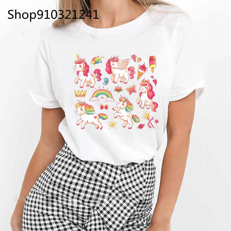 Cute Unicorn Rainbow T Shirt Lady Short Sleeve Printed Funny Animal Tee Female Summer Tops Women T-shirt Unicorn Clothing