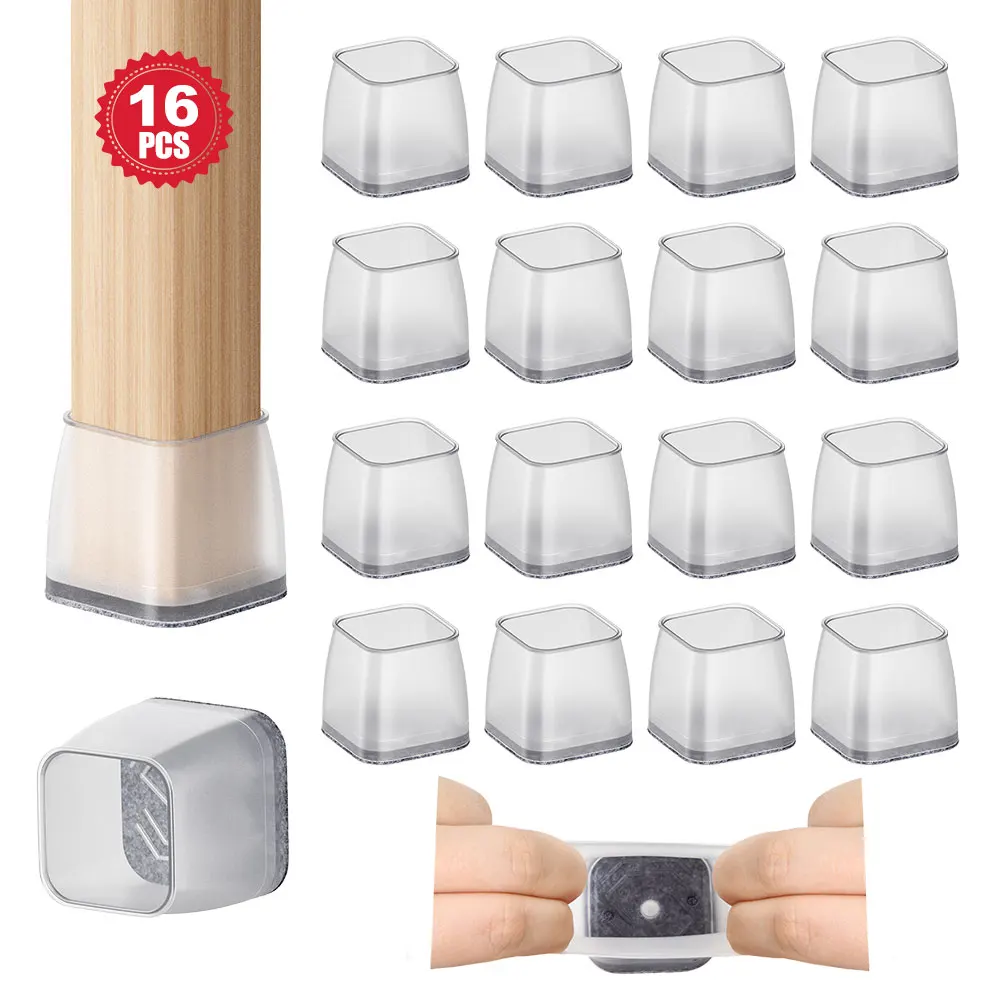 16Pcs Chair Leg Floor Protectors Square, Silicone Felt Furniture Leg Pads Caps Covers for Hardwood Floors