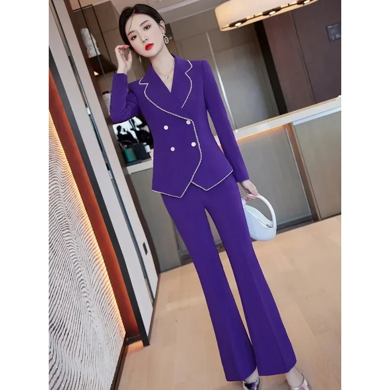 Traje de pantalón de manga larga para mujer, ropa Formal de trabajo de negocios, conjunto de 2 piezas, Blazer y pantalón, color morado y negro, Otoño e Invierno