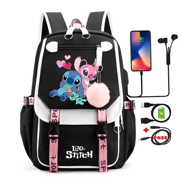 Disney Cartoon Anime Mochila para meninas, Lilo e Stitch, Bolsa escolar para adolescente, mochila de lona para laptop, mochila feminina