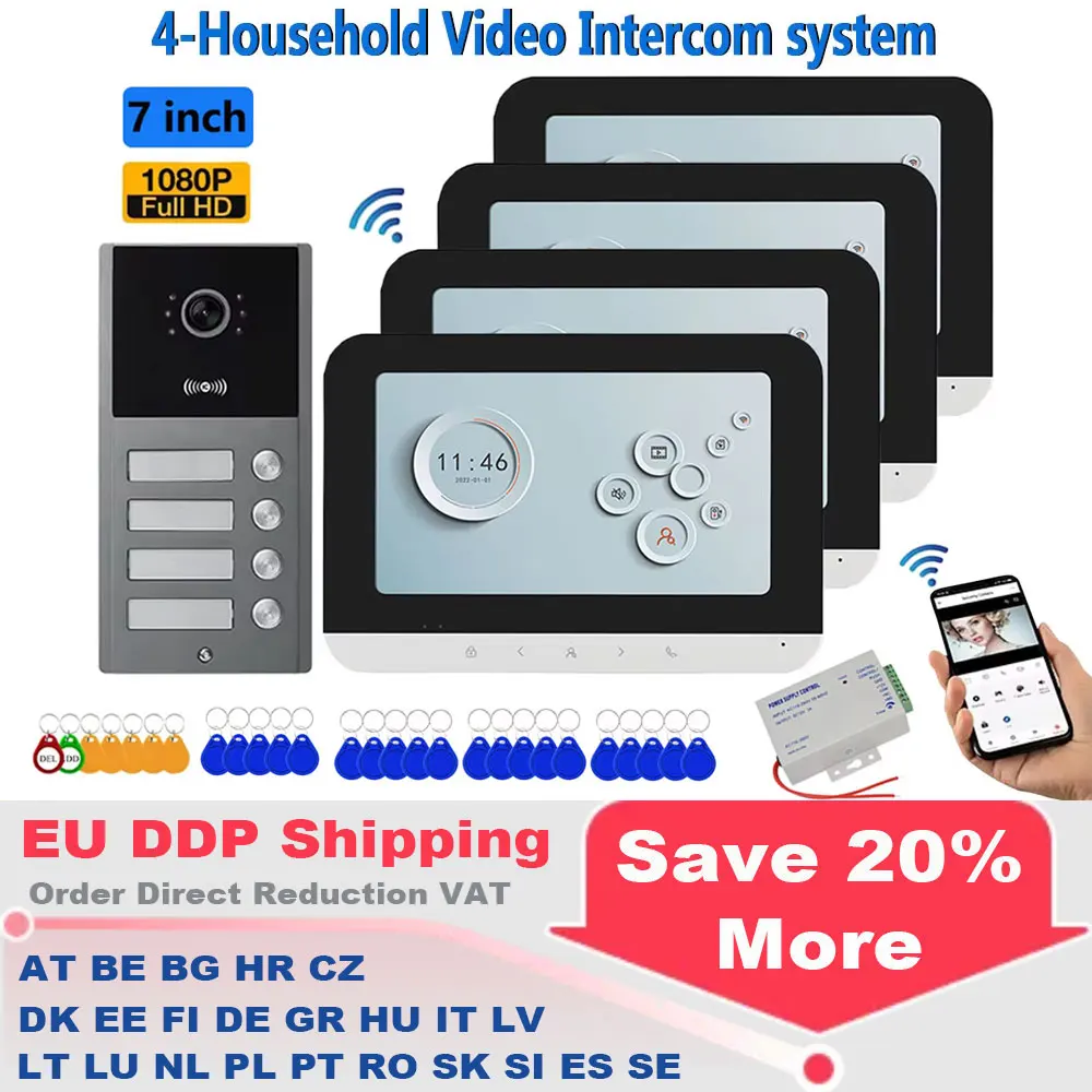 

Tuya WiFi Video Doorbell Intercom 4 Wired HD 7 inch Video Door Phone System NFC RFID APP Unlock for 2/3/4 Unit Apartment Family