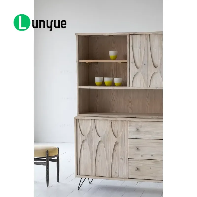 French Style Recycled Pine Wine Cabinet Farmhouse Storage Cabinet with Drawers Sculptural Design Furniture for Living Room