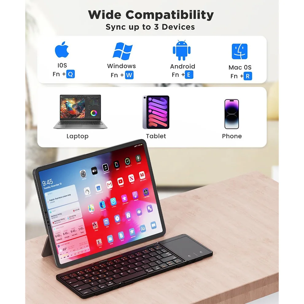Imagem -03 - Teclado Bluetooth Dobrável com Teclado de Viagem sem Fio Touchpad Suporta Conexão de Vários Dispositivos Teclado Portátil de Tamanho Completo