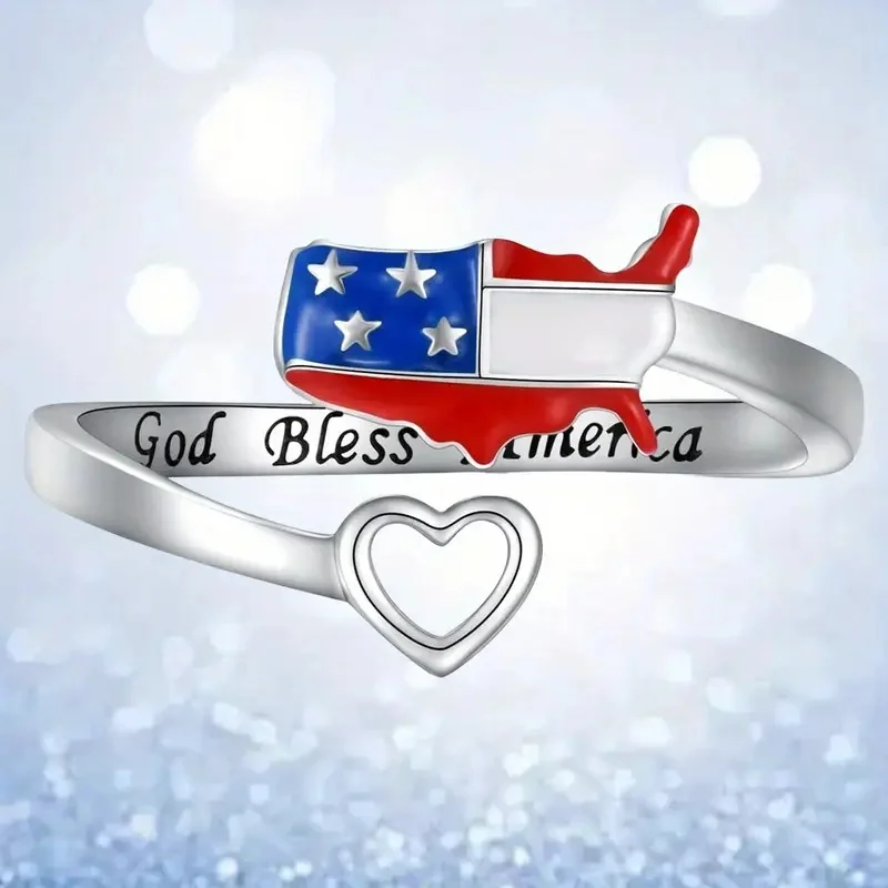 Huitan Patriotische Amerikanische Flaggen-Ringe für Frauen, mit Gravur 'God Bless America', Verstellbare Herzringe, Unabhängigkeitstag Schmuckgeschenk