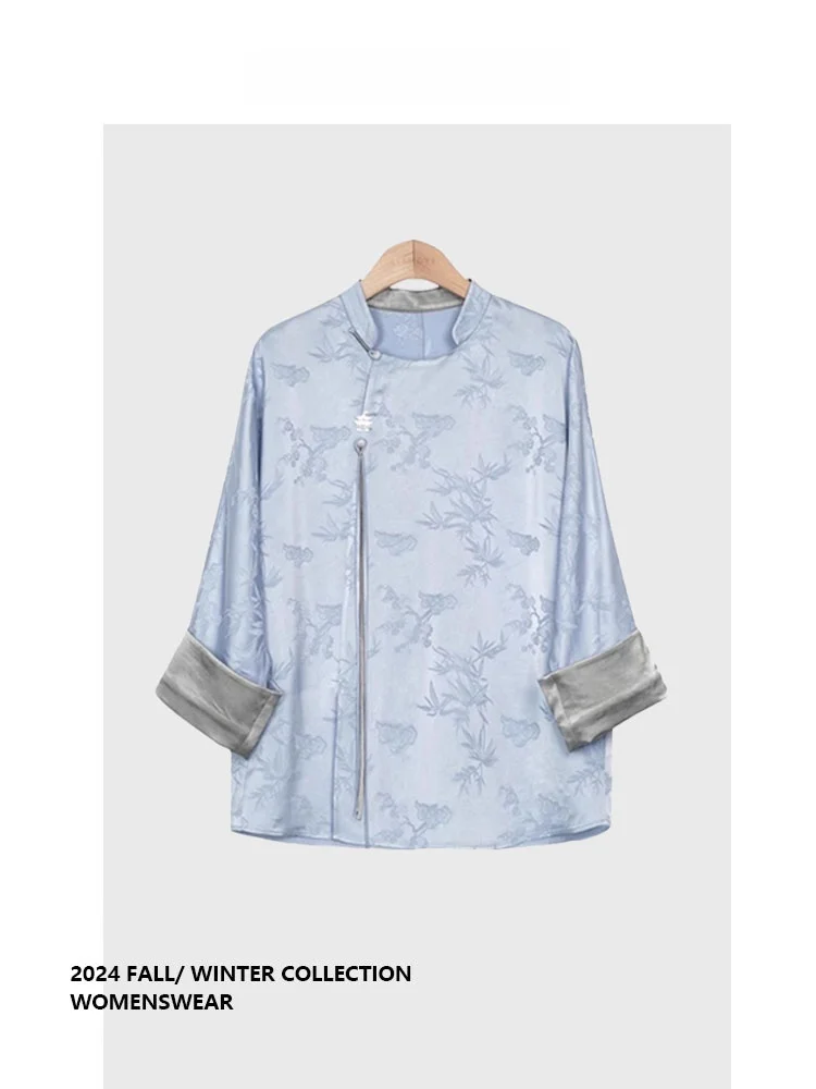 

Forever 2 Autumn Winter Blue Floral Embroidery Women's irt New Chinese Sle National Trend Commute Long Sve Blouse