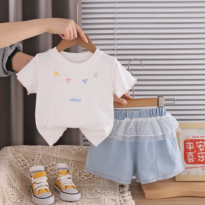 Baby Girls Summer Clothes 2 Piece Set Toddler Cute Bow Embroidery T-Shirt and Ruffle Tulle Denim Shorts Sweet Kids Casual Outfit