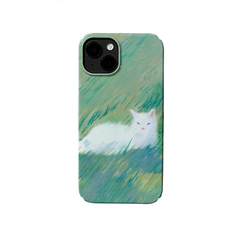 

Green Oil Painting Grassland Cat Phone Case for IPhone 16E 15 14 13 Pro Max 12 Mini 11 Pro Protection Ultra Thin Hard PC Cover