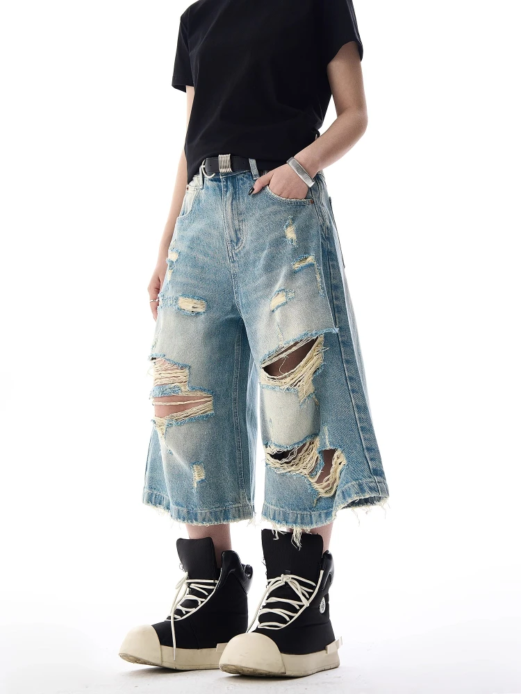 

Джинсовые брюки Seven-Five в стиле ретро с дырками, мужские свободные прямые широкие брюки с американской талией, молодежные летние повседневные джинсы