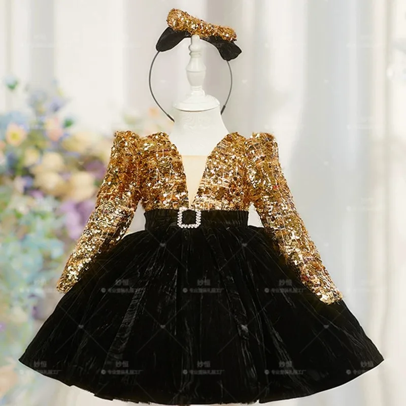 Children's Sequined Evening Gown Host's Piano Performance Wedding Birthday Girls Party Dresses A4965 Vestidos Bridesmaid Dress