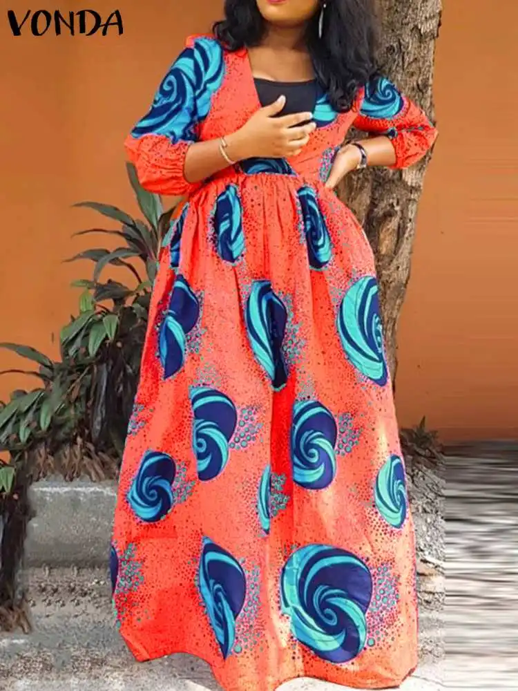 VONDA 2024 Summer Sundress Plus Size Women Maxi Dress Sexy V Neck Bohemian Printed Long Vestidos 3/4 Sleeve Casual Robe Femme