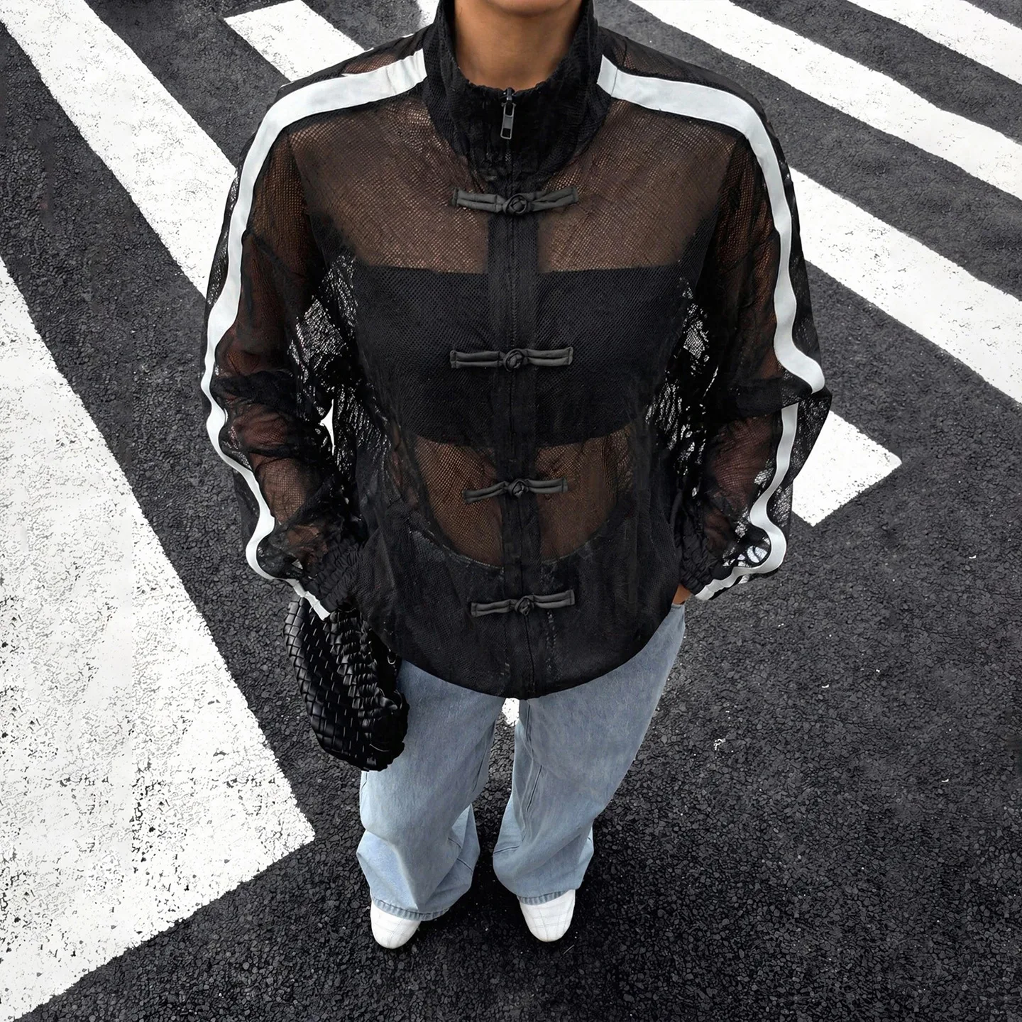 Women Fashion See Through Mesh Patchwork Loose Casual Jackets Stand Collar Zip-up Full Sleeve Streetwear Coat Outerwear Tops