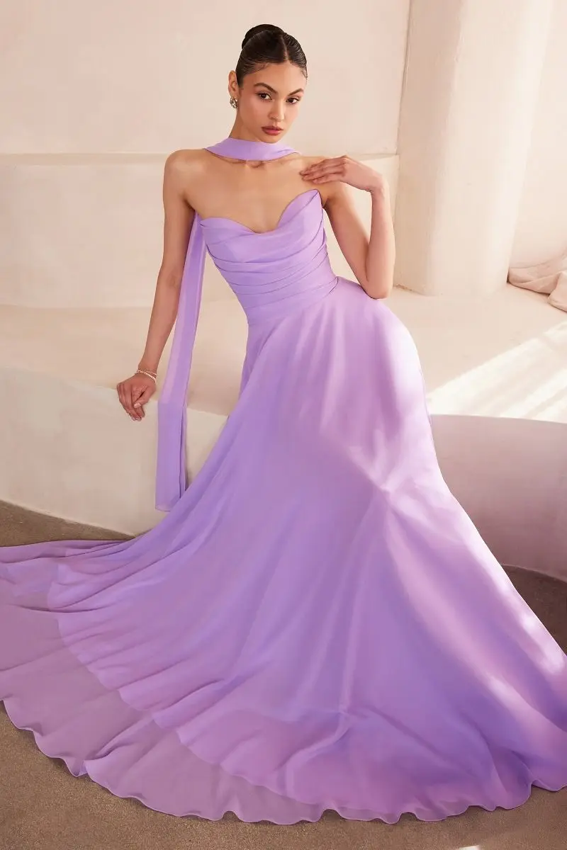 

Lilac Strapless Chiffon Prom Dresses With Scarf Saudi Arabia Sweetheart A-line Ruffles Bridesmaid Dress Elegant Solid Party Gown