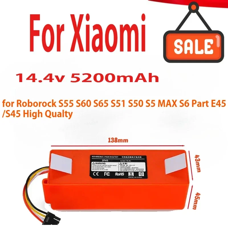 

14.4V BRR-2P4S-5200S Robotic Vacuum Cleaner Battery for Xiaomi Roborock S55 S60 S65 S51 S50 S5 MAX S6 Part E45/S45 High Qualty