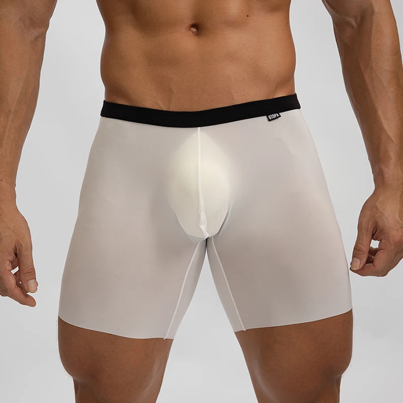 Bóxer de seda de hielo para hombre, ropa interior sin costuras, Sexy, bolsa en U, calzoncillos de pierna larga, bragas deportivas de cintura media,