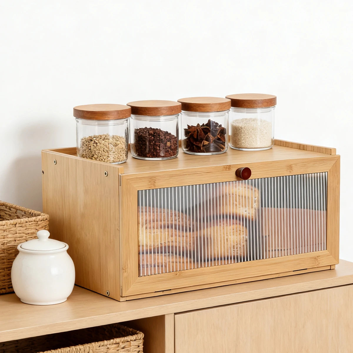 

Farmhouse Bamboo Bread Box, Kitchen Countertop - Large Capacity with Acrylic Window & Extra Top Storage