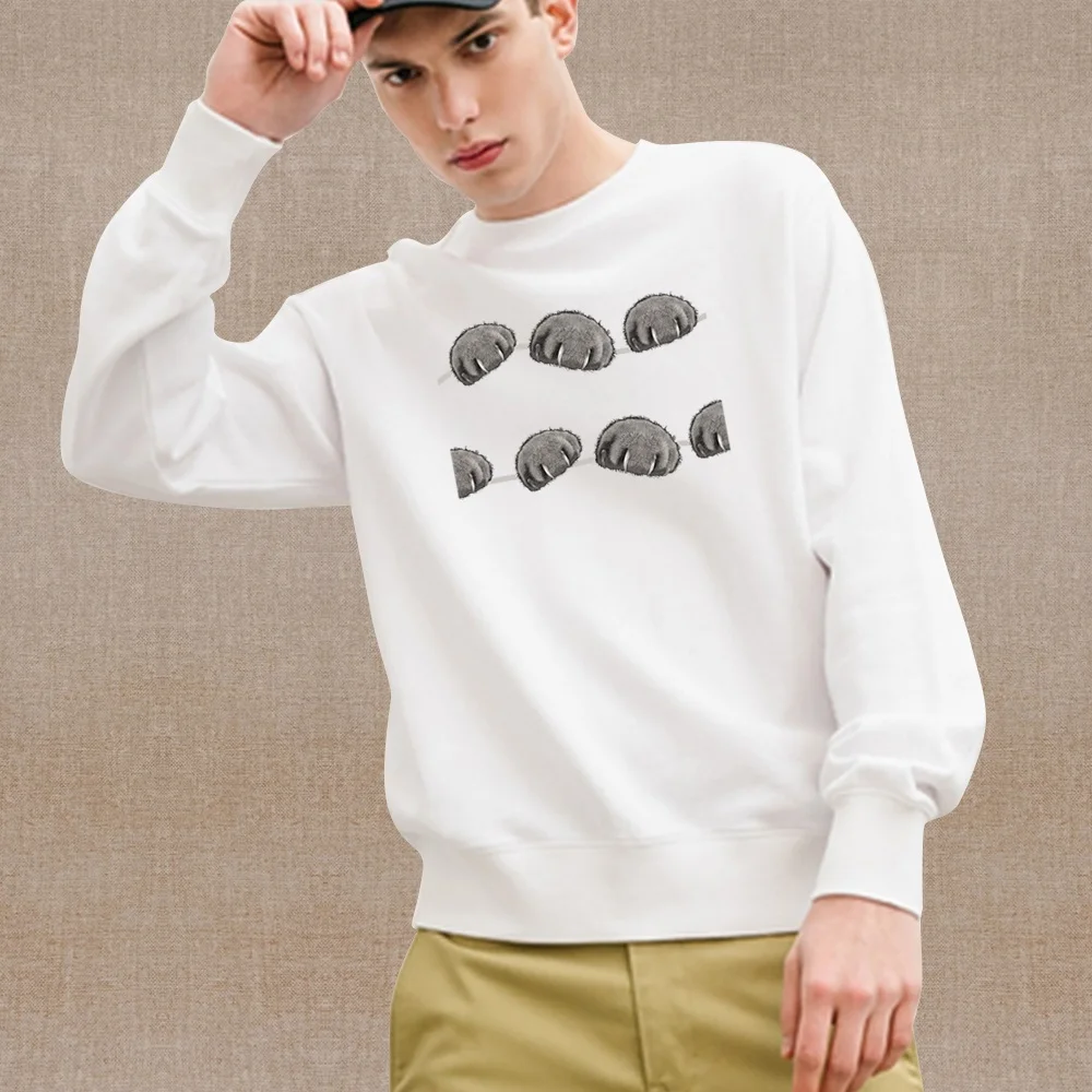 

Men's White Long-sleeved Hoodie Footprints Print Warm Casual Pullover Lightweight Comfortable Sweatshirt Fashion Men's Clothing