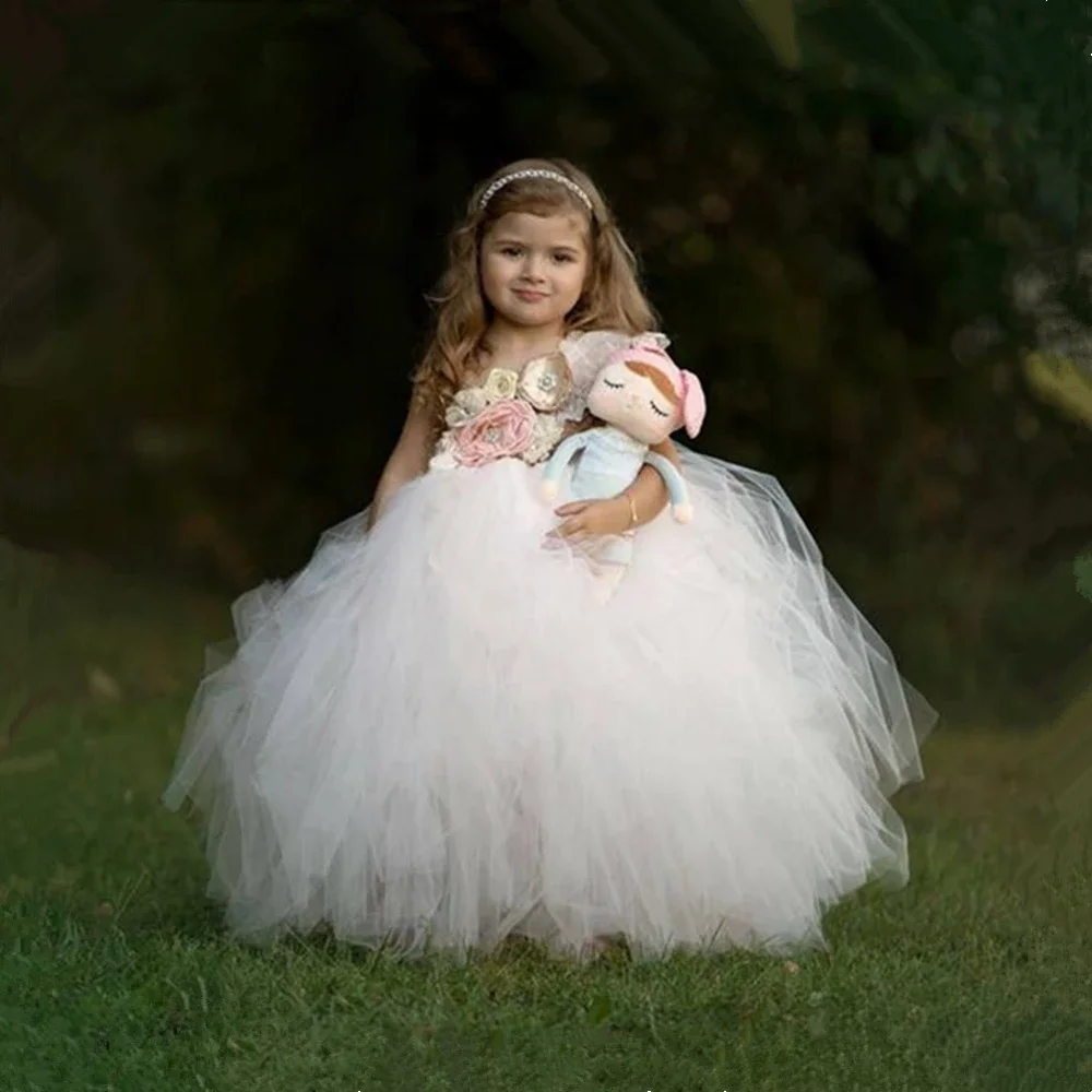 Beige, Lilac, Blush Pink Flower Girl Tutu Dress One Shoulder Lace Princess Ball Gown Dress for Girls Kids Party Wedding Dresses