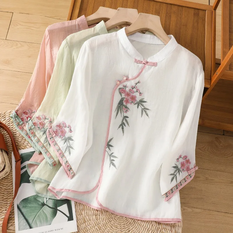 

Embroidery Chinese Style Women's Shirts Summer Cotton Hemp Korean Clothing Sales Loose Short Sleeves Tops Vintage Women Blouses