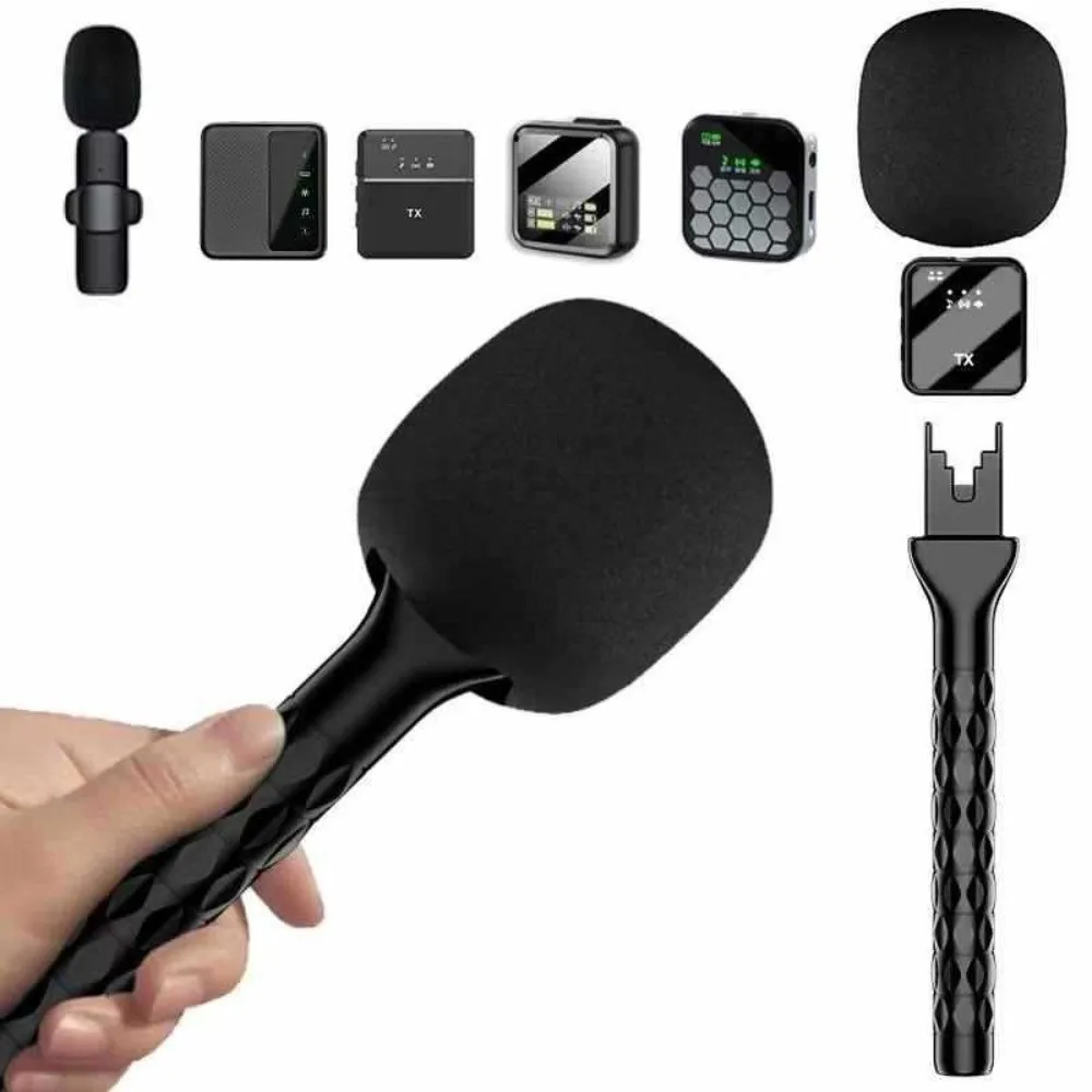 Handheld Lavalier Interview Microphone Adaptor Universal with Windproof Sponge Microphone Grip Stick Black