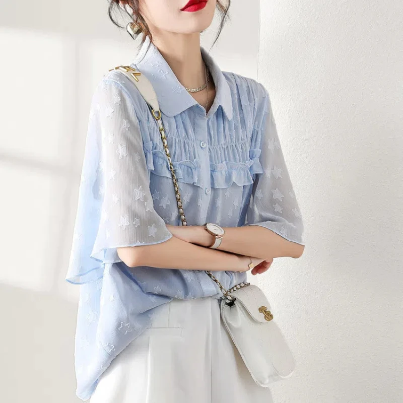 Chiffon Thin Fashion Blouse Summer New Short Sleeve Polo Neck Button All-match Solid Shirt Tops Elegant Office Women Clothing