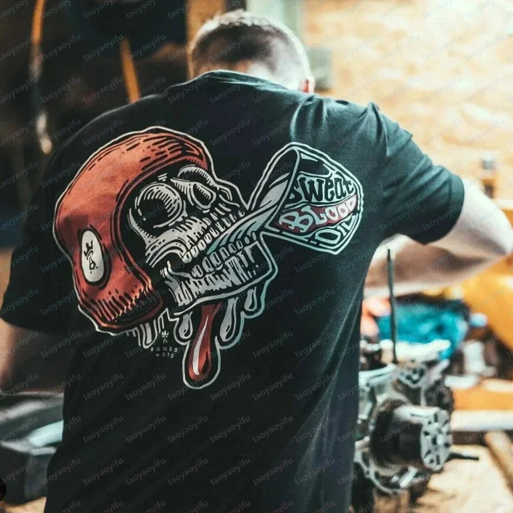 T-shirts en coton pour hommes avec motif de crâne de motard cool buvant de la bière, vêtements punk rock d'été, hauts pour fête d'Halloween, Ropa Hombre Camisetas