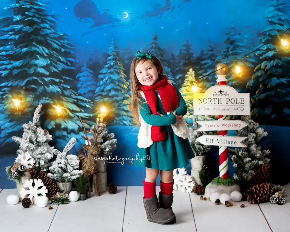 Xmas Sleigh Ride Backdrops Kids Baby Photography Props Adult Child Birthday Cake Smash Decors Christmas Snowy Forest Background