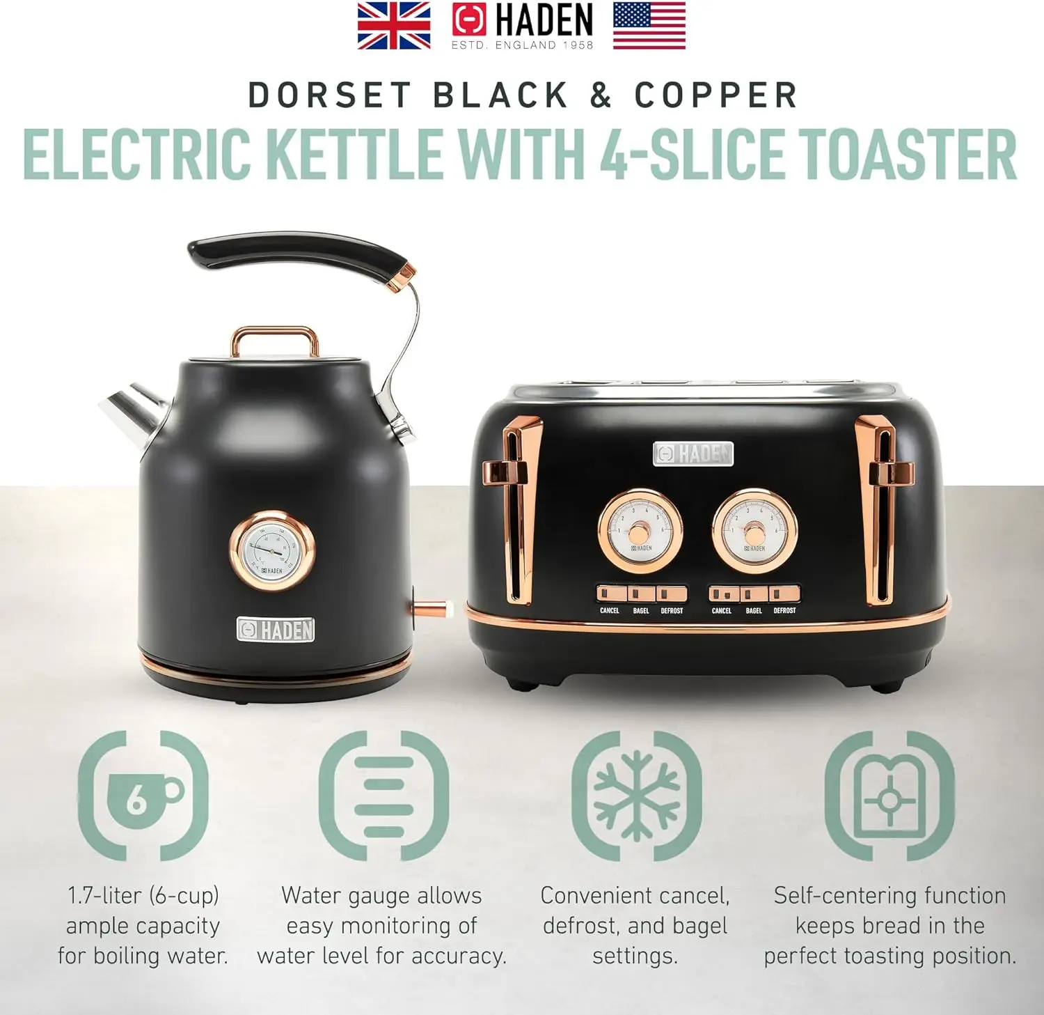 Dorset 1.7리터 스테인리스 스틸 전기 주전자(360도 베이스 포함), 4슬라이스 와이드 슬롯 스테인리스 스틸 토스터, Bl