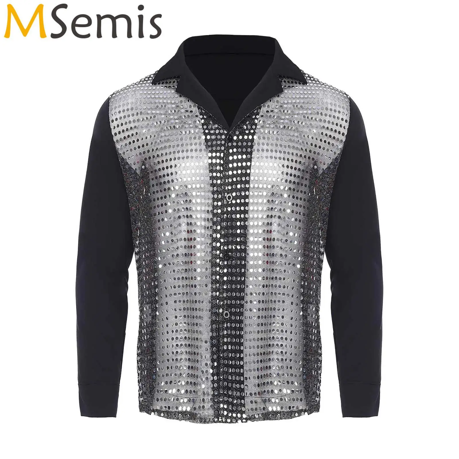 

Mens Sparkly Sequin Disco Bar Performance Party Shirt Lapel Metallic Silk See-through Button Closure Shirt Tops with Button