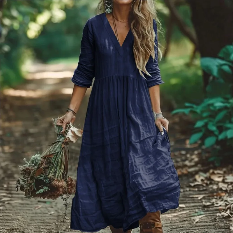 Casual cotton and linen V-neck long sleeved solid color loose dress for spring autumn women fashionable and elegant long skirt