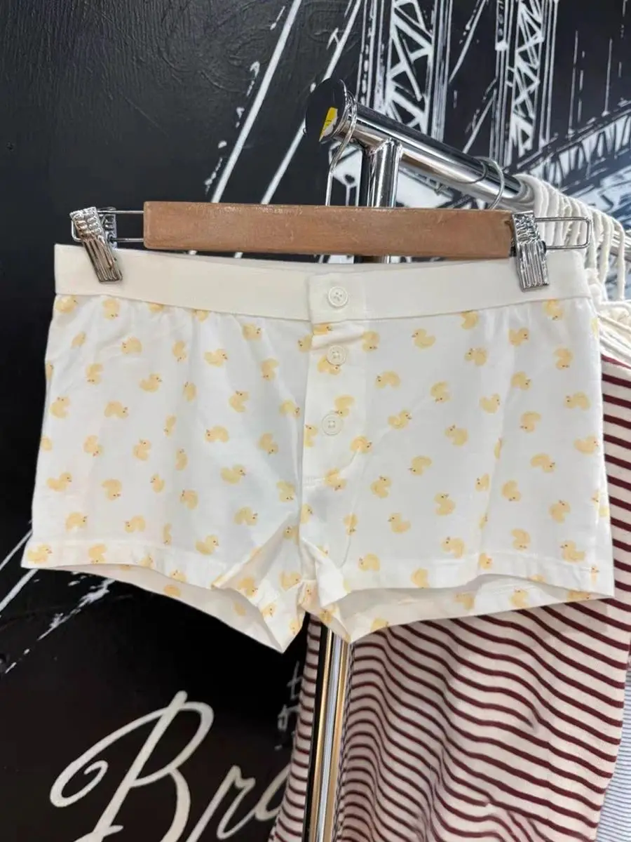 Cute Duck Print Vest Shorts 2 Pieces Set Women Bow Slim Sleeveless Tank Tops Elastic High Waist Straight Short Pants Sweet Sets