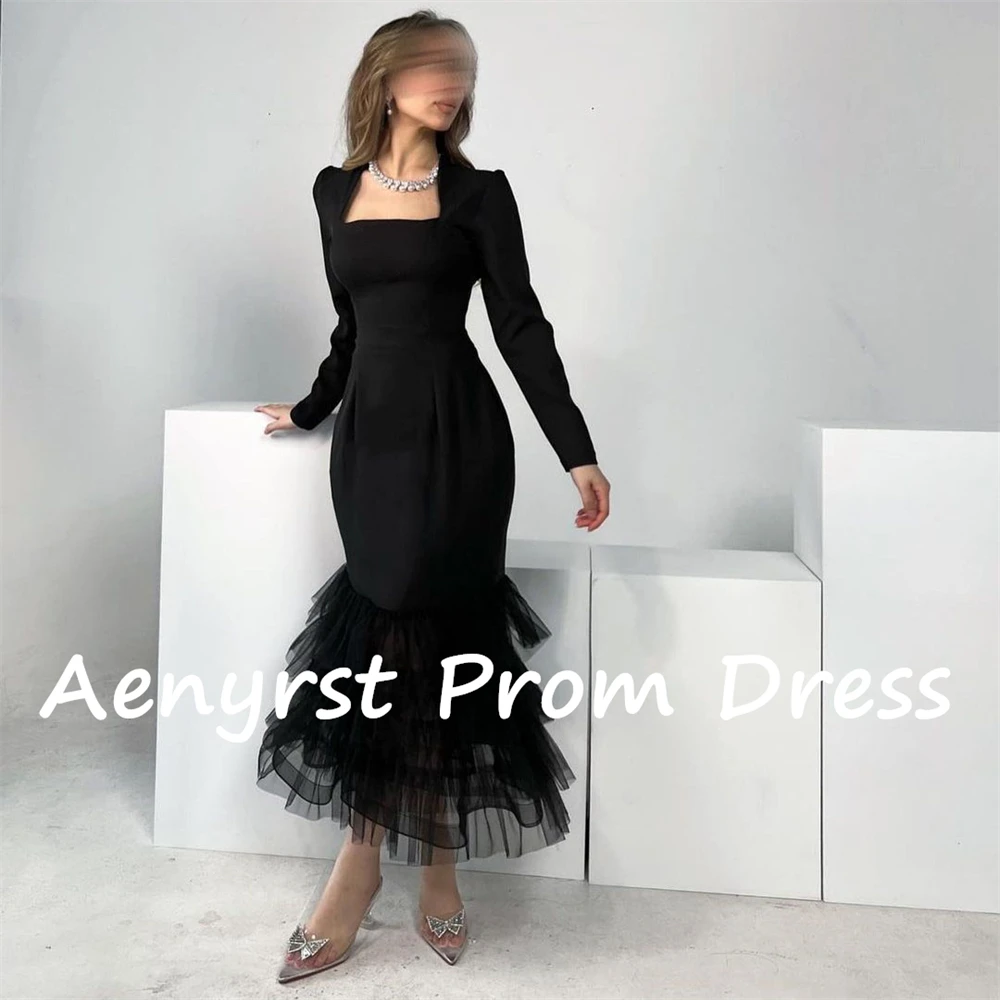 Aenyrst Simple Black Long Sleeves Prom Dresses Mermaid Tiered Square Collar Evening Gown Tea Length Formal Party Dress For Women